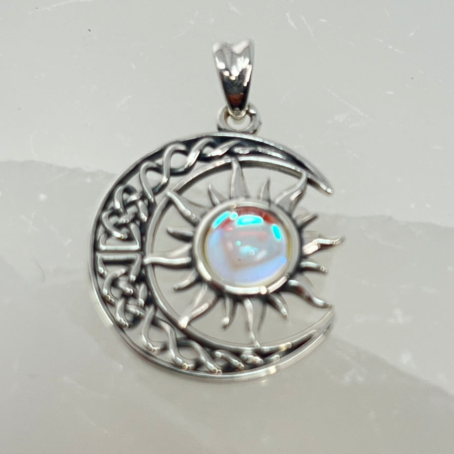 Pendant - Sterling Silver Crescent Moon & Sun (Moonstone) Oxidized