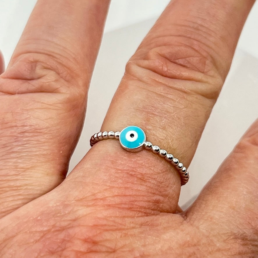 Quartz & Canary Beaded Evil Eye Ring