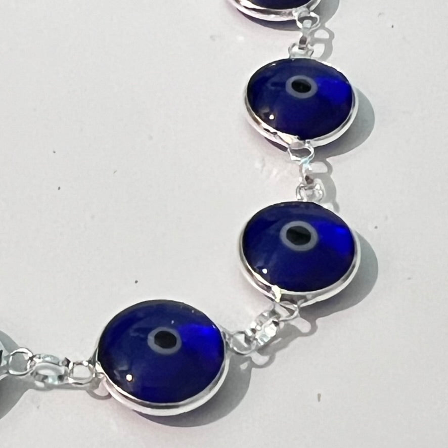 Bracelet - Sterling Silver Chain/Evil Eye Glass Beads