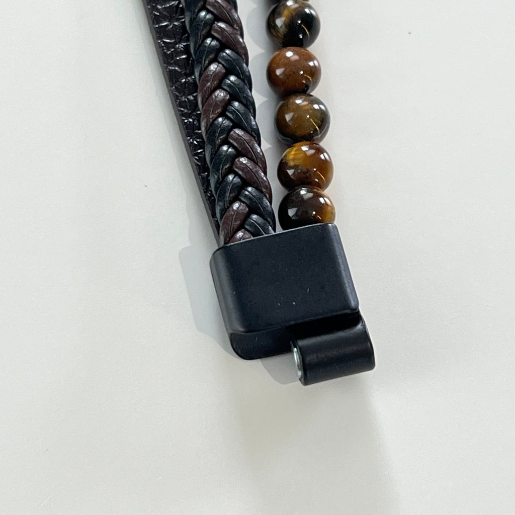 Bracelet - Black Leather & Tiger Eye