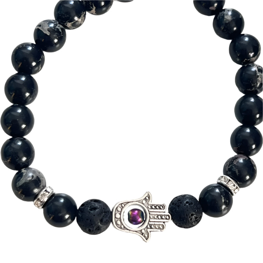 Bracelet - Black Imperial Jasper, Hamsa & Lava Bead - 8mm