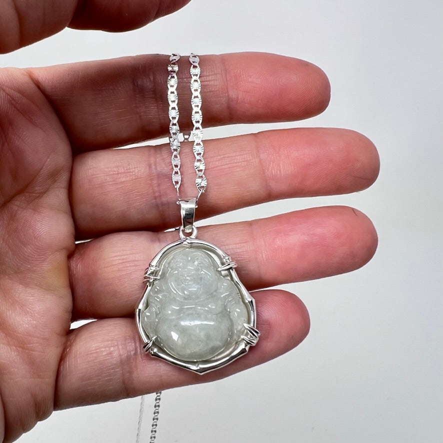 Quartz & Canary Bamboo Buddha Necklace in Jade on Sterling Silver Chain