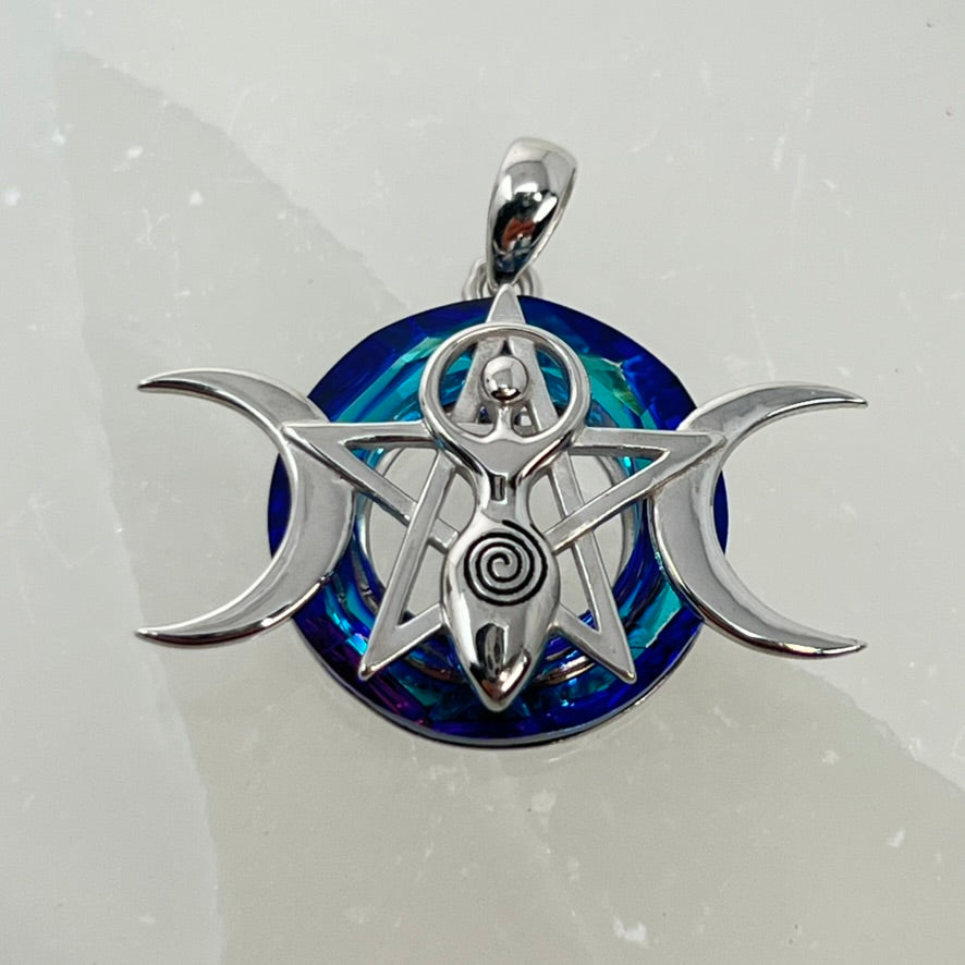 Sterling Silver Pendant - Triple Goddess Moon/Pentacle