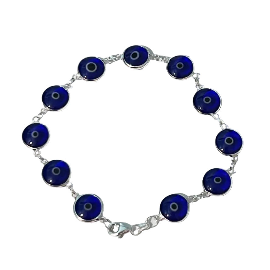 Bracelet - Sterling Silver Chain/Evil Eye Glass Beads