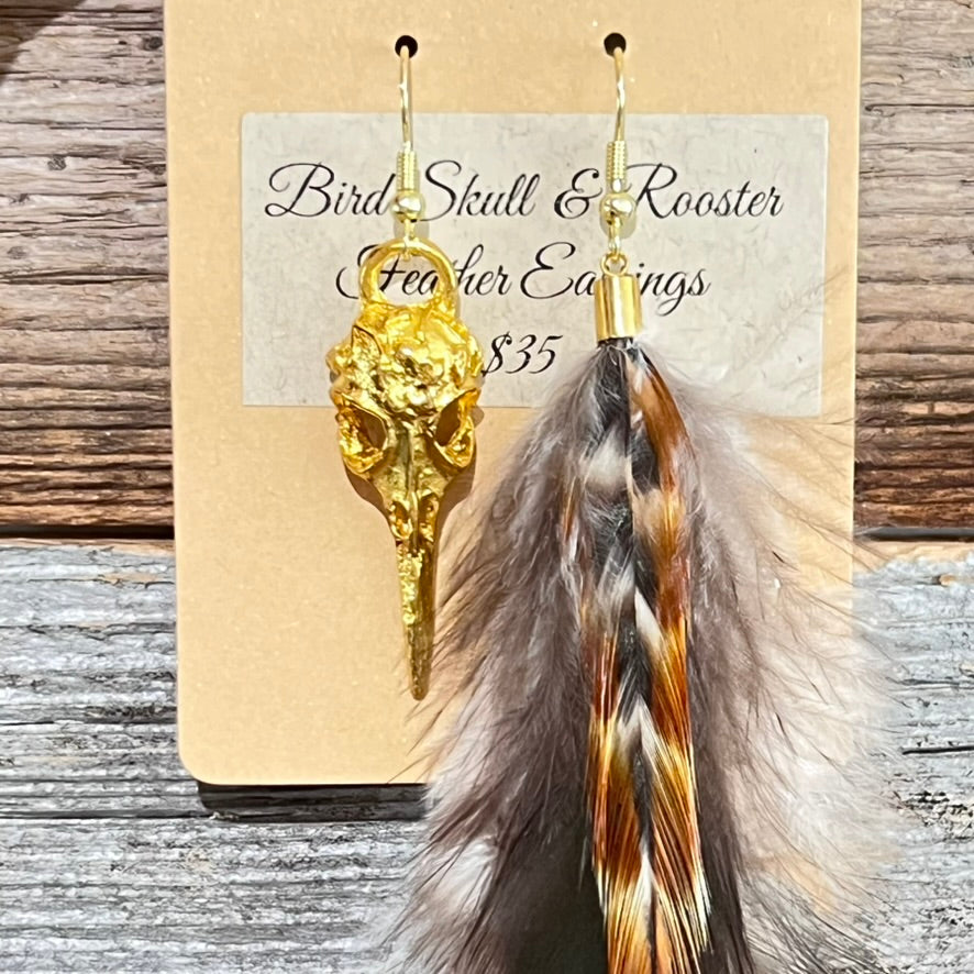 Feather Earrings by BlakByrd - Bird Skull & Rooster