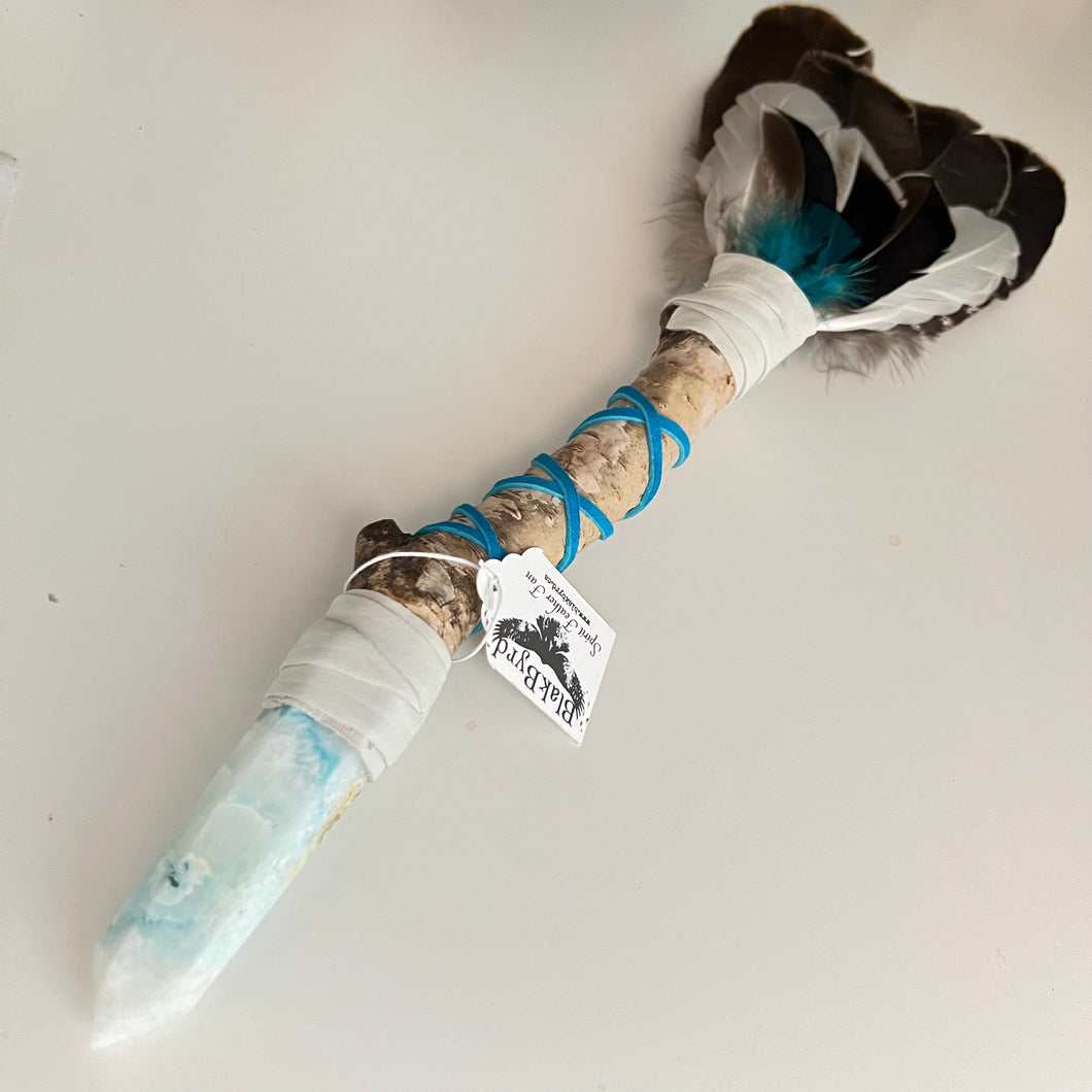 Spirit Feather Fan - Wild Turkey, Snow Goose & Mallard Duck Feathers with Blue Aragonite on Birch Handle
