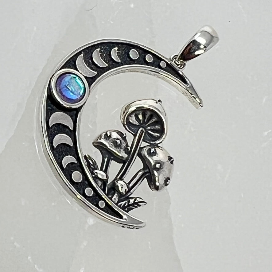 Sterling Silver Pendant - Moonstone Moon & Mushroom