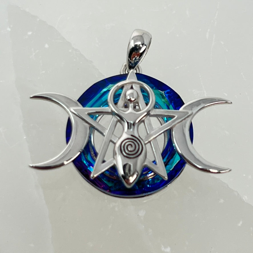 Sterling Silver Pendant - Triple Goddess Moon/Pentacle