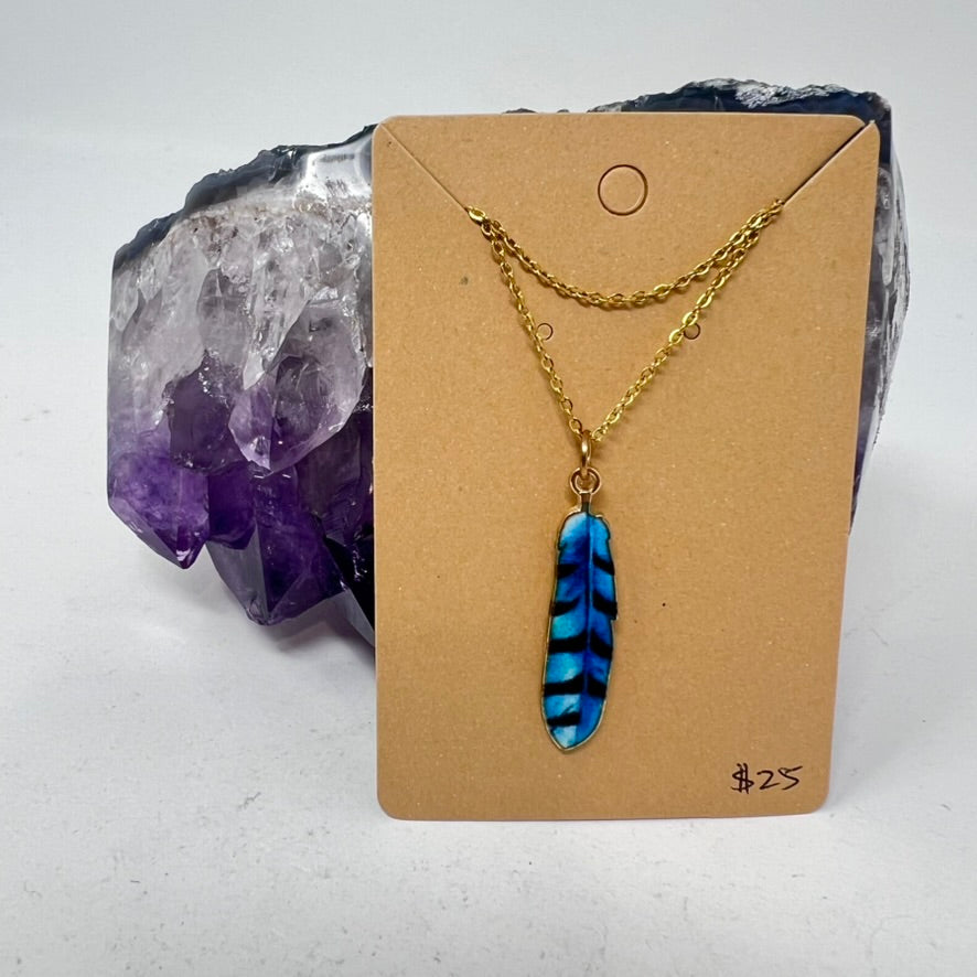 Blue Feather Pendant Necklace