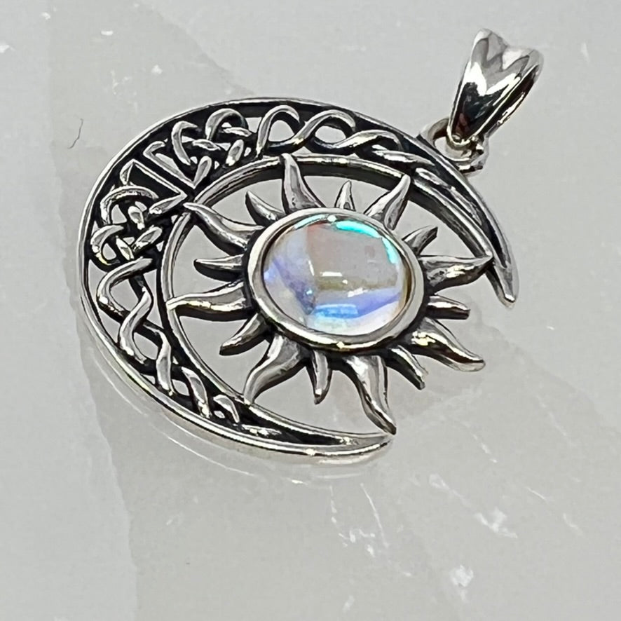 Pendant - Sterling Silver Crescent Moon & Sun (Moonstone) Oxidized