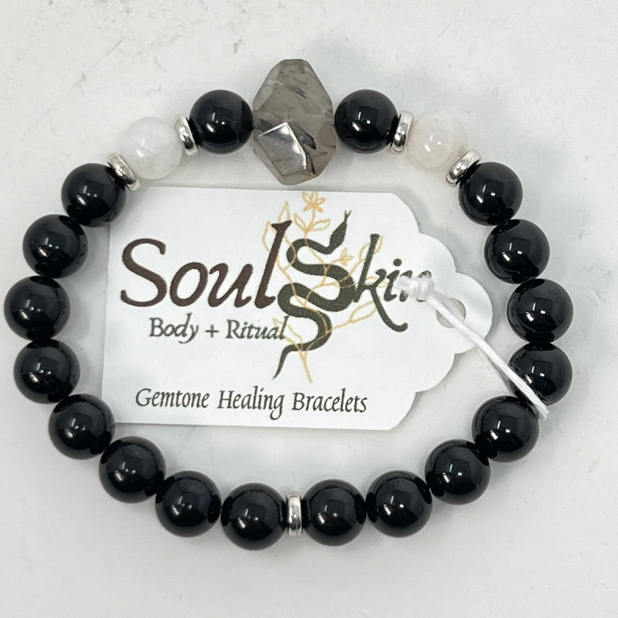 Bracelet by SoulSkin - Black Onyx, Moonstone & Tourmalinated Quartz