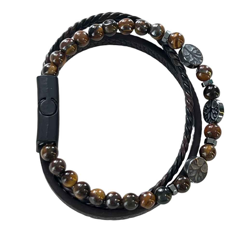 Bracelet - Black Leather & Tiger Eye