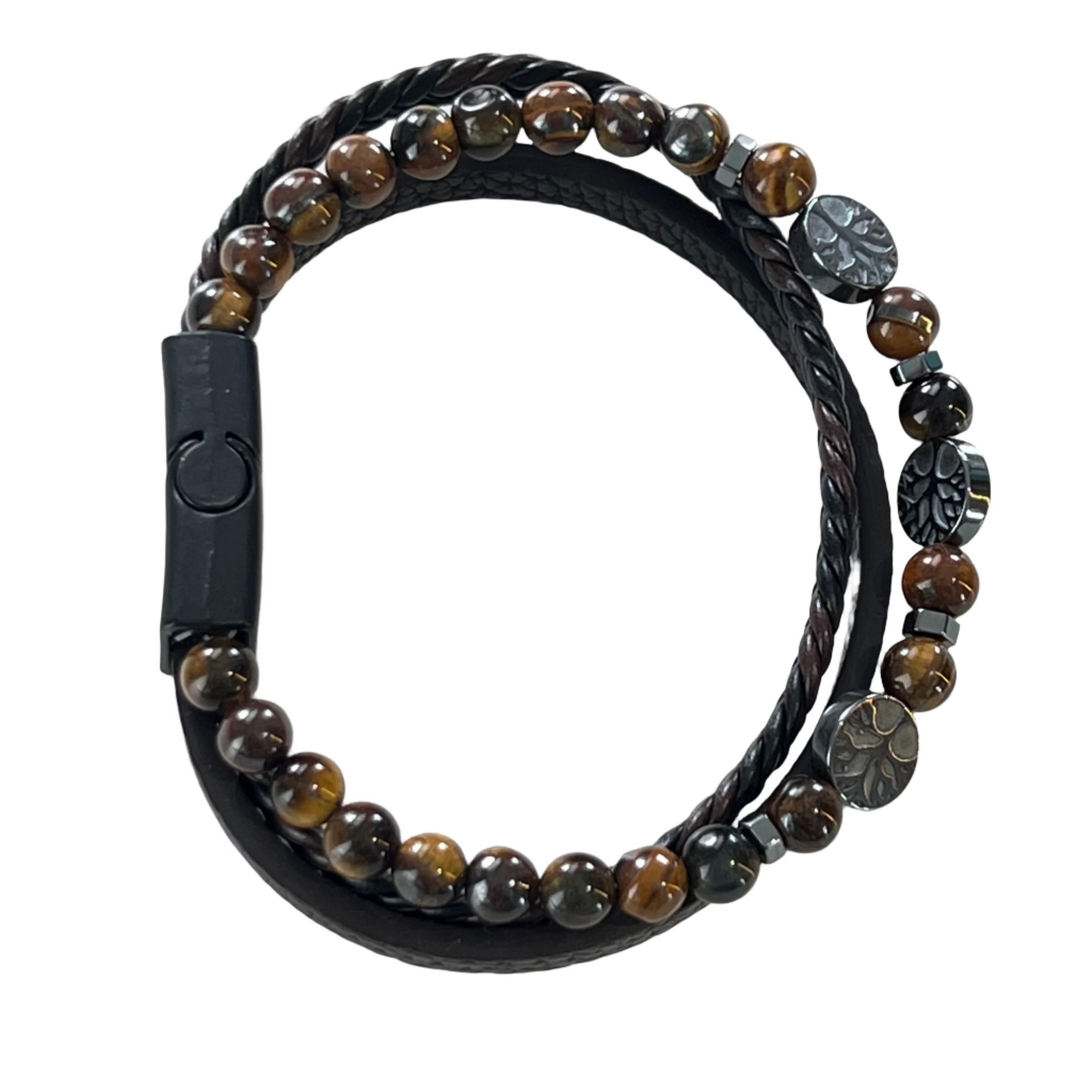 Bracelet - Black Leather & Tiger Eye