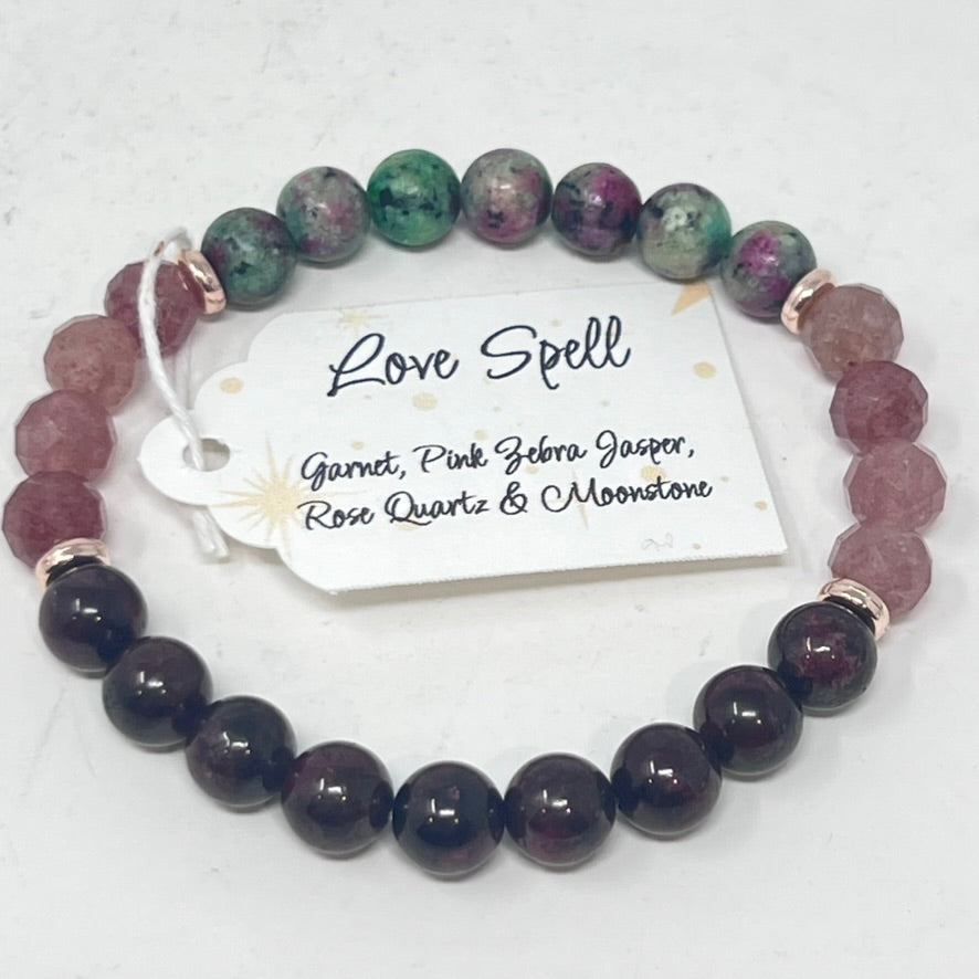Bracelet by SoulSkin - Love Spell (Garnet, Pink Zebra Jasper ,Rose Q, Moonstone)