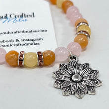 Load image into Gallery viewer, Bracelet by Soul Crafted Malas - Rose Quartz, Orange Calcite, Yellow Jade &amp; Sunflower Charm
