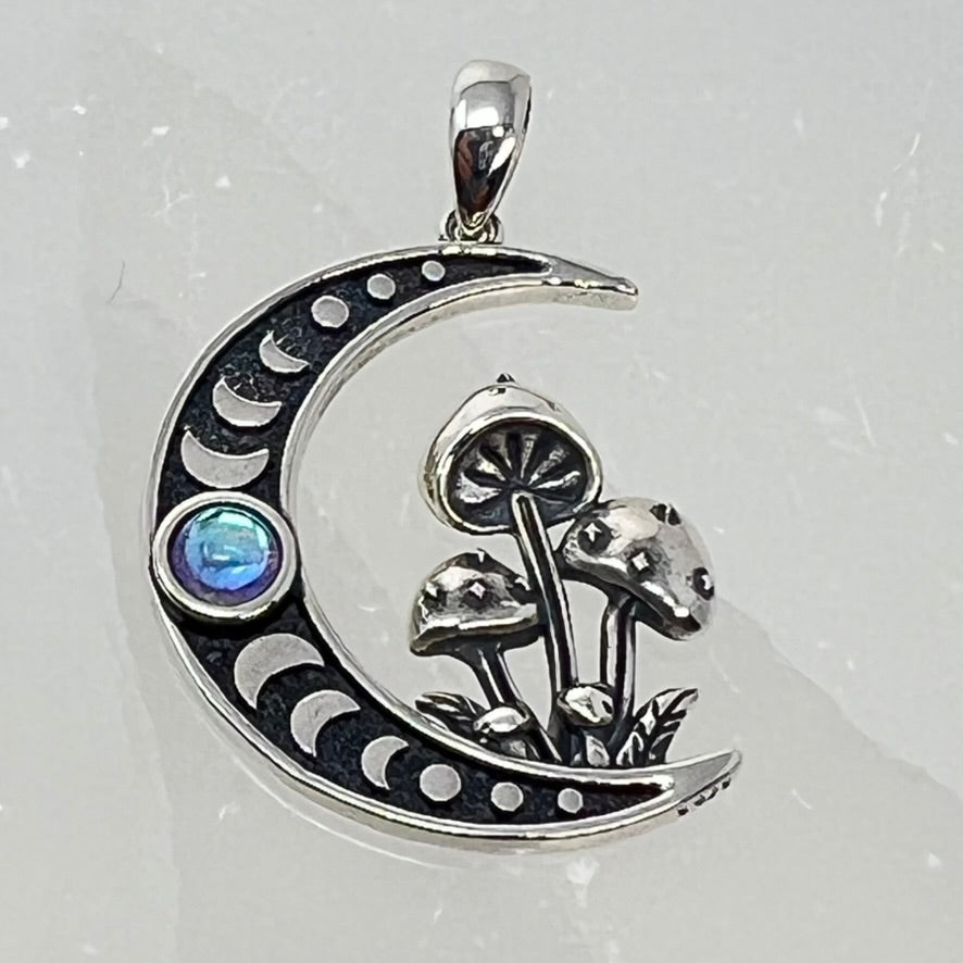 Sterling Silver Pendant - Moonstone Moon & Mushroom