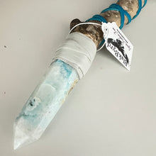 Load image into Gallery viewer, Spirit Feather Fan - Wild Turkey, Snow Goose &amp; Mallard Duck Feathers with Blue Aragonite on Birch Handle
