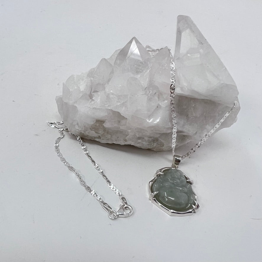 Quartz & Canary Bamboo Buddha Necklace in Jade on Sterling Silver Chain