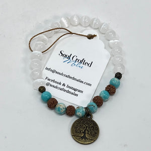 Bracelet by Soul Crafted Malas - Selenite, Jasper, Rudraksha & Tree of Life Charm