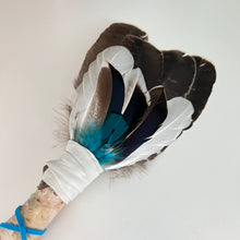 Load image into Gallery viewer, Spirit Feather Fan - Wild Turkey, Snow Goose &amp; Mallard Duck Feathers with Blue Aragonite on Birch Handle
