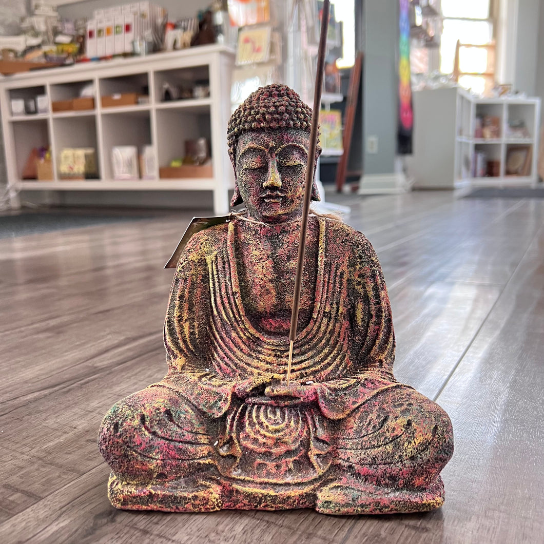 Buddha Statue/Incense Holder - Volcanic Stone (Chakra Colours) 8.5