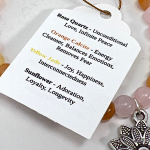 Bracelet by Soul Crafted Malas - Rose Quartz, Orange Calcite, Yellow Jade & Sunflower Charm