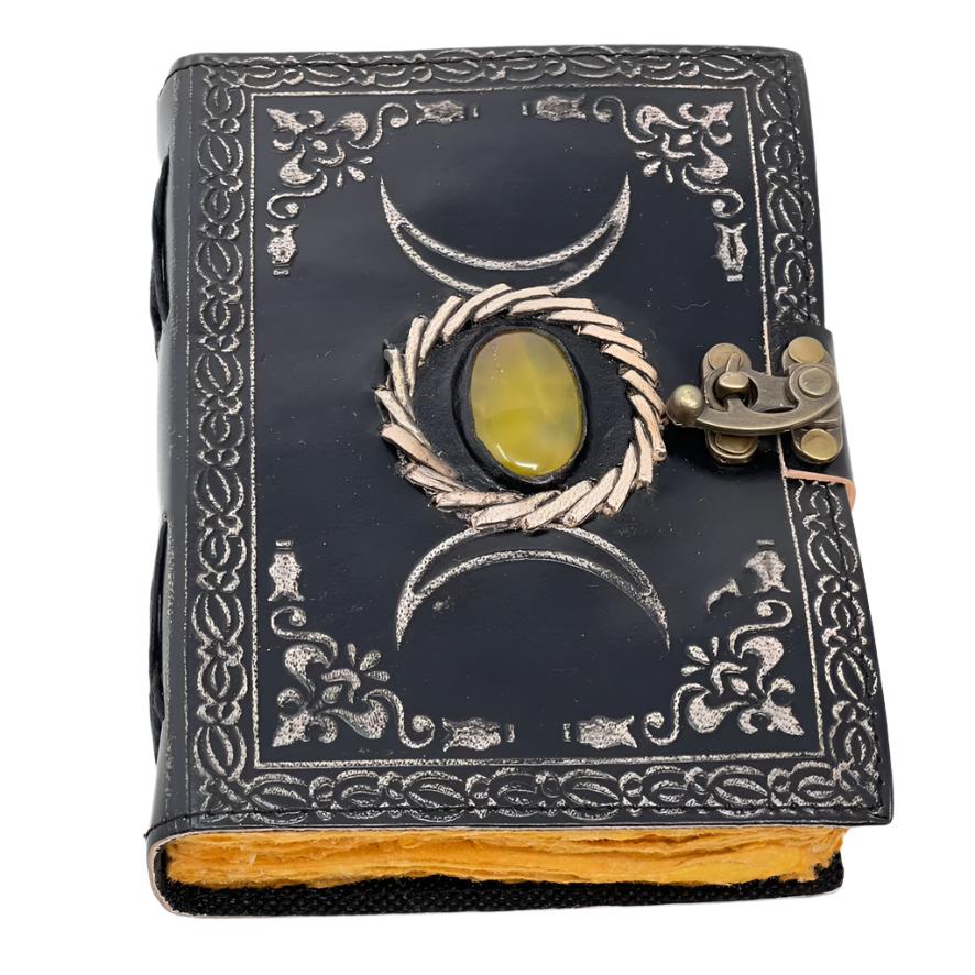 Triple Moon & Amber Embossed Black Leather Journal