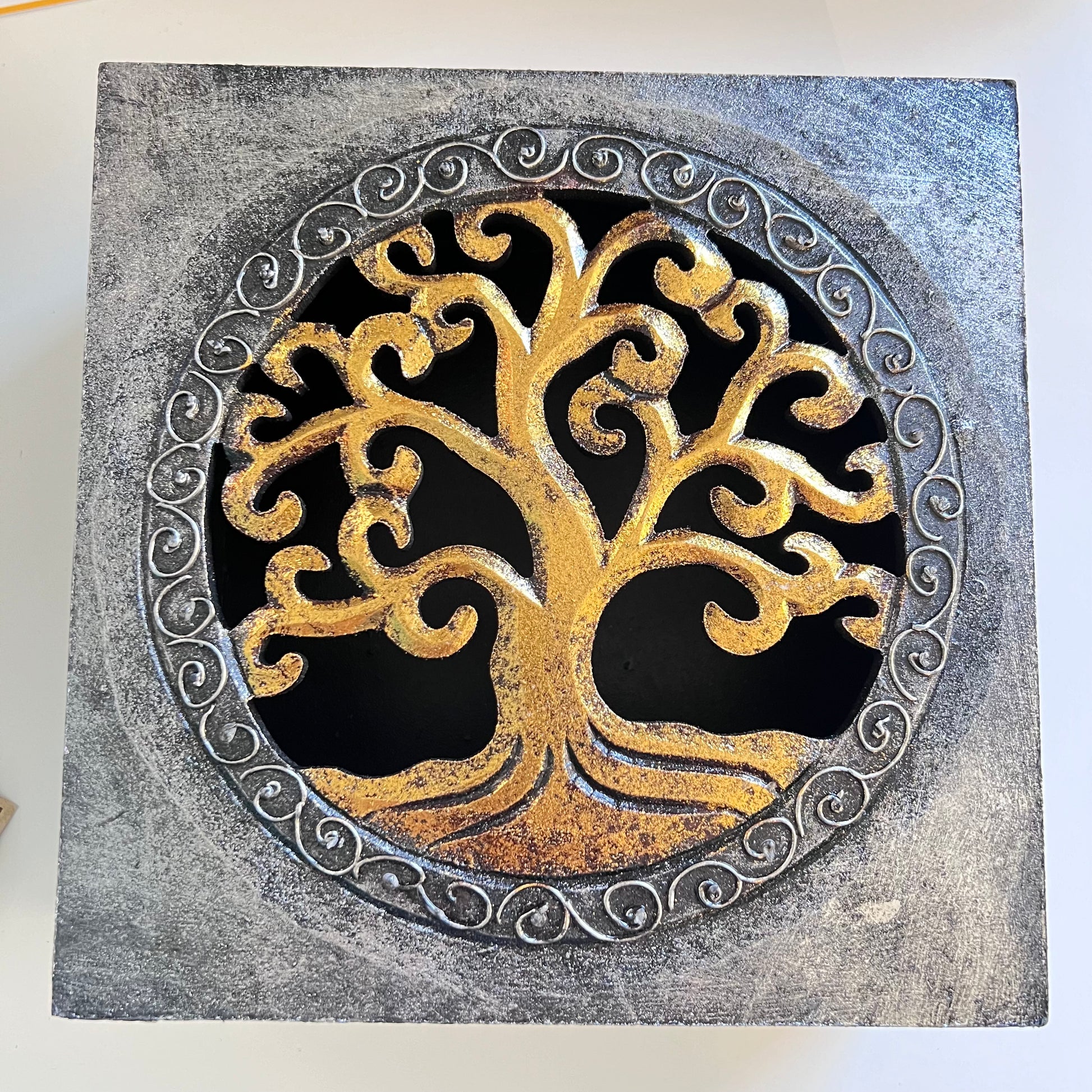 Wood Box Carved Lid - Tree of Life (Silver & Gold)