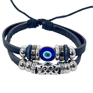 Bracelet - Black Leather Slide Knot - Evil Eye