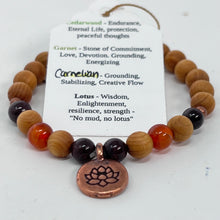 Load image into Gallery viewer, Bracelet by Soul Crafted Malas - Cedarwood, Carnelian &amp; Garnet with Copper Lotus
