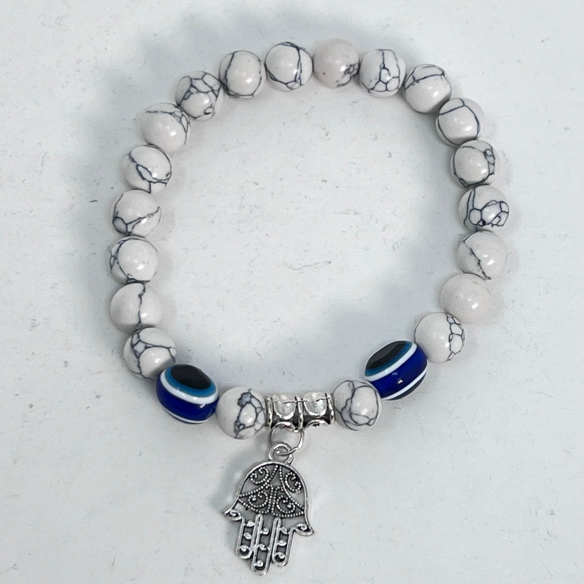 Bracelet - Howlite, Evil Eye & Hamsa  8mm