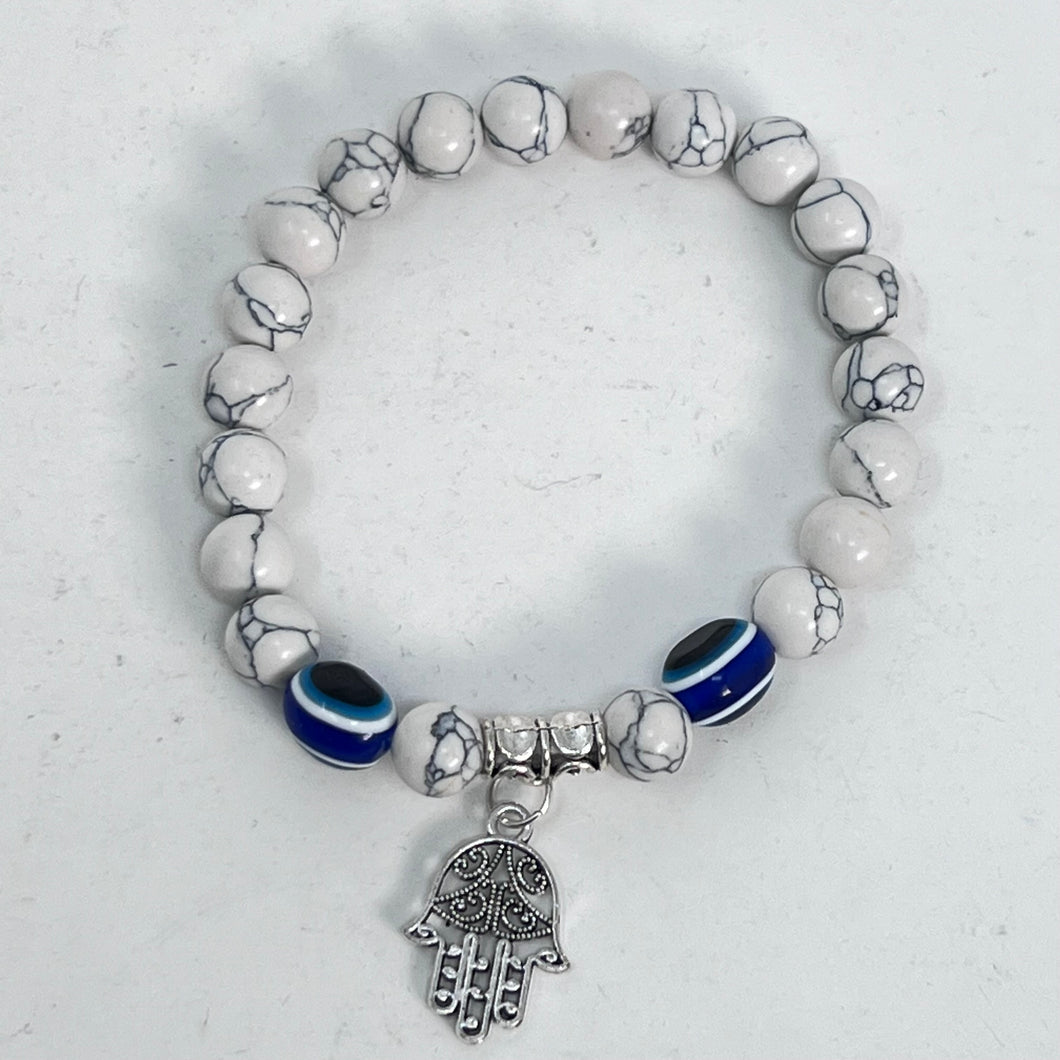 Bracelet - Howlite, Evil Eye & Hamsa  8mm