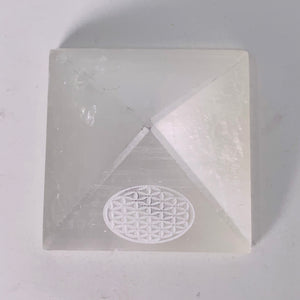 Selenite Pyramid (with carved Flower of Life)