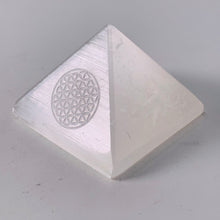 Load image into Gallery viewer, Selenite Pyramid (with carved Flower of Life)
