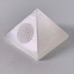 Selenite Pyramid (with carved Flower of Life)