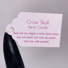 Load image into Gallery viewer, Beeswax Candle - Black Taper with Crow Skull &quot;The Messenger&quot;
