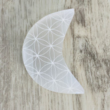 Load image into Gallery viewer, Selenite Engraved Moon - Seed of Life
