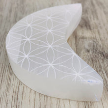 Load image into Gallery viewer, Selenite Engraved Moon - Seed of Life
