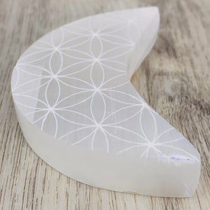 Selenite Engraved Moon - Seed of Life